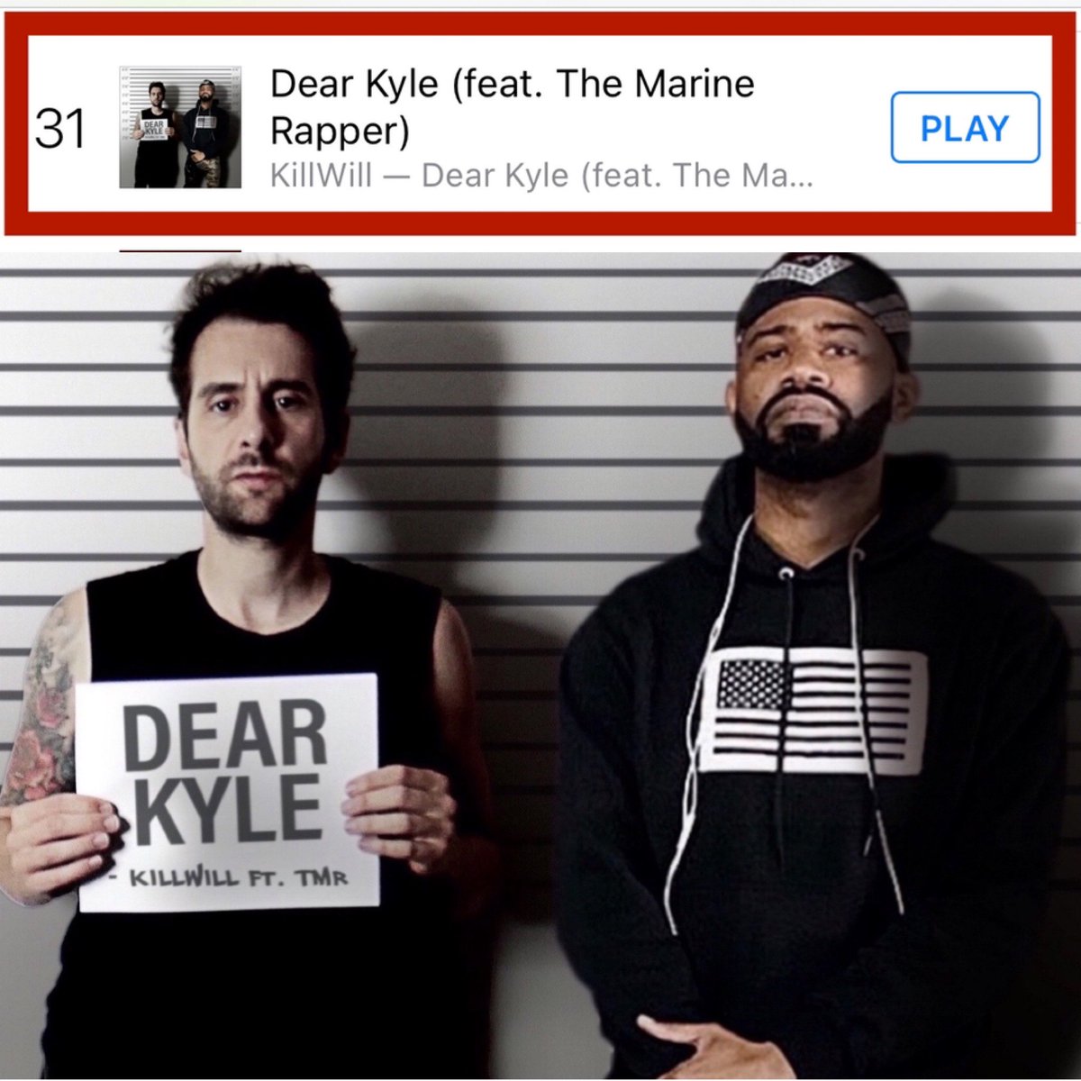 TheMarineRapper's tweet photo. LETS GOOOOOOOOO!!!
We are #31 ! Lets get to # 1 !!! π₯
πΉ Buy Dear Kyle (feat. The Marine Rapper) - Single by KillWill https://t.co/AhYlwiKUo6
#killwill #themarinerapper #dearkyle https://t.co/kAhdswAs9U