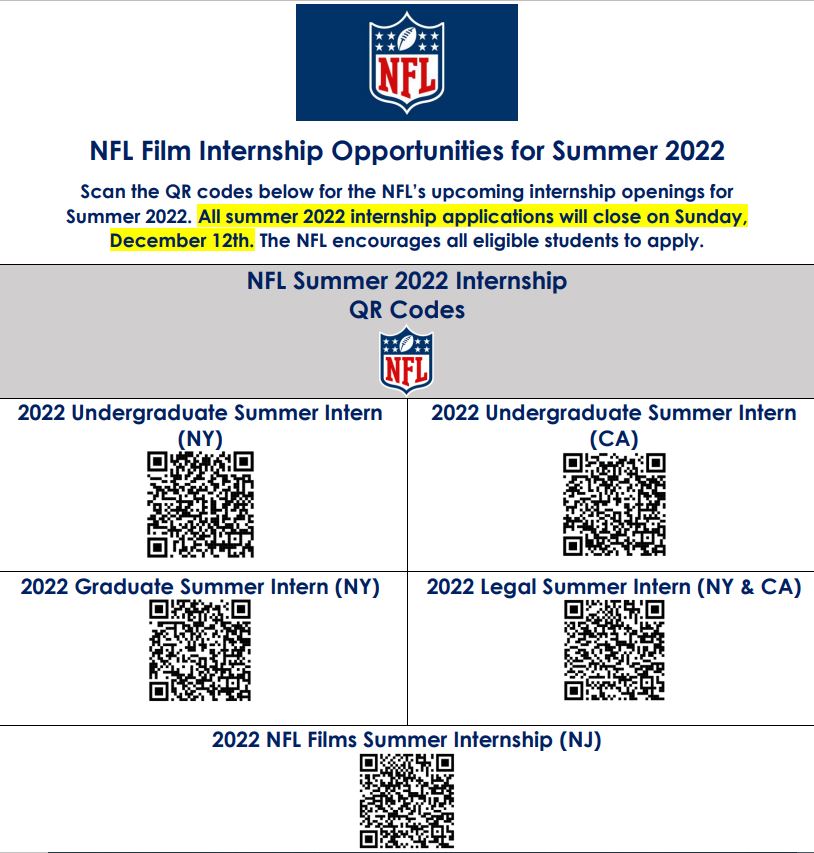 MassCommGSU's tweet photo. Announcement: Summer 2022 Internship Opportunities with @NFL. All summer 2022 internship applications will close on Sunday, December 12th. @MassCommGSU @GSUTV @TheGramblinite @thelabgsu #gramblingstate #Summer2022 https://t.co/q3Jh8DGcxz