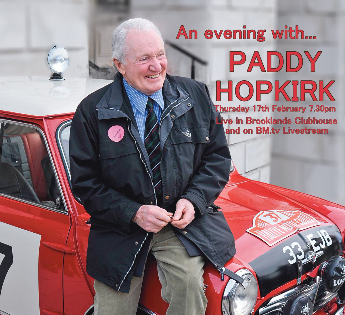 Brooklandsmembs's tweet photo. We are delighted that the great Paddy Hopkirk will be with us in the Brooklands Clubhouse on Thursday 17th February 2022 at 7.30pm. A livestream will also be available on the night if you can't get there.
Tickets available now from: https://t.co/Ovh1MvRdnK 
#paddyhopkirk #mini https://t.co/ZN2PM40G3S