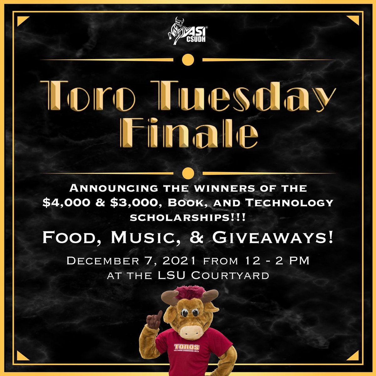ASICSUDH's tweet photo. IT ALL COMES DOWN TO THIS, TOROS!🤘

Ready to find out who will take a scholarship home?🤔 Join us IN-PERSON on Tuesday, December 7th at 12pm for our Toro Tuesday Finale, where we will announce the winners of our various Scholarships!🙌 #ASIToroTuesday #ASICSUDH #CSUDH #ImAToro https://t.co/ucOXoOD5oh