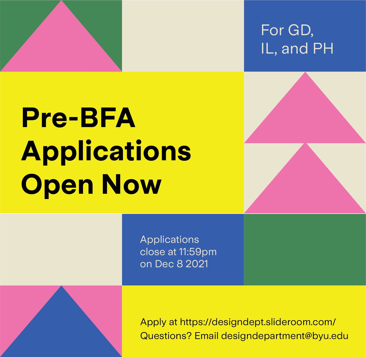 byu_design's tweet photo. Pre-BFA Applications are now open! Make sure to turn your applications in by Wednesday, December 8 at 11:59pm. You can find a link to the application in our bio! https://t.co/wm8TfmTvdy