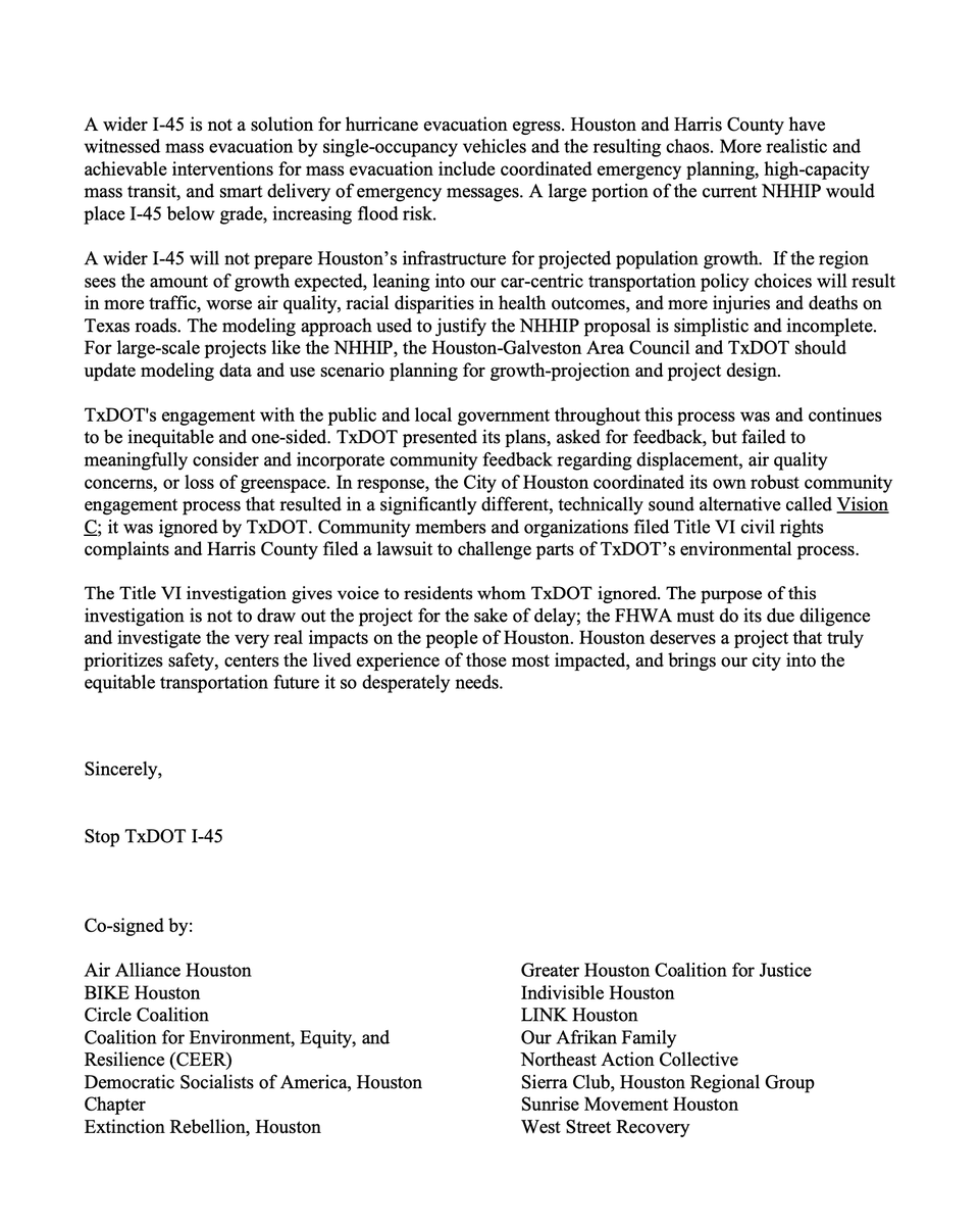 1/ Today, a group of Houston and Harris County organizations sent the following letter to @SecretaryPete urging his continued support of a thorough investigation by the @USDOTFHWA into complaints of civil rights violations by @TxDOT.