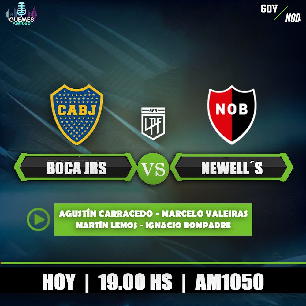 NODeportiva's tweet photo. 🗣 Préndete a AM1050 Y escucha #Boca 🆚 #Newells junto al equipo de @GDVRADIO y @nodeportiva ‼️
 
Relatos: @AgusCarracedo92 
Comentarios: Marcelo Valeiras
Vestuarios: @martincholemos 
Estudios: @nachoBompadre https://t.co/oNy7UG8pZf