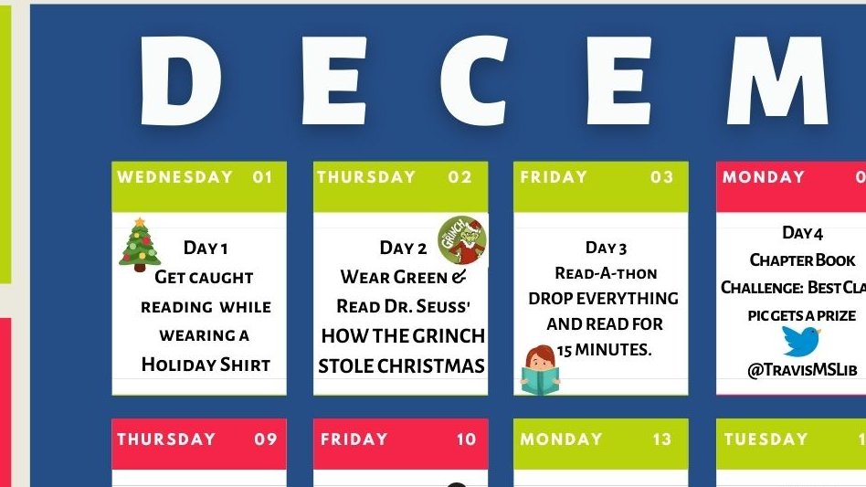 1Lib_specialist's tweet photo. @TerriersTravis Get ready to boost your EQ &amp; IQ by participating in 12 Days of Library Fun!😎#Motivation #SocialSkills #StressReliefwhileLearning Post pics &amp; check out our padlet in the Library Classroom!🎄Dec 1: Wear a holiday shirt tomorrow! #McallenisdLib https://t.co/xTx1fy6aSg