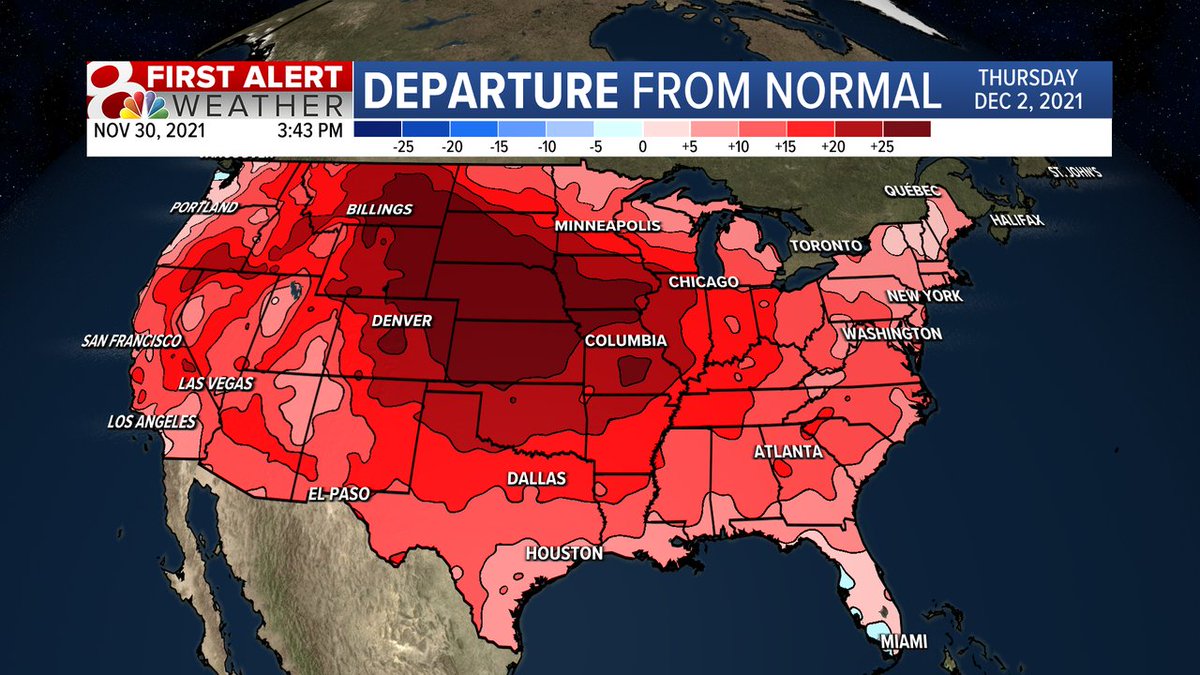KentonGewecke's tweet photo. Temperatures are going to be WARM across the United States on Thursday! For central Missouri, temps will be around 70º, over 20 degrees above average. https://t.co/BfgHmYuSuF