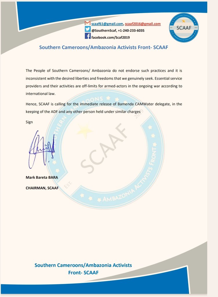 SouthernScaf's tweet photo. Southern Cameroons citizens shouldn't have to suffer more than they're doing in the hands of Cameroun soldiers. @SouthernScaf vehemently condemns the kidnapping of CamWater Manager by forces loyal to @AGovC. It's a precedent that Biya's gov't will follow and blame civilians https://t.co/LuK6JmDPPJ