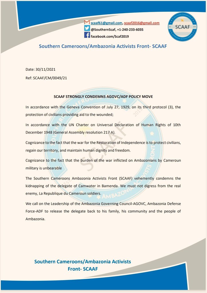 SouthernScaf's tweet photo. Southern Cameroons citizens shouldn't have to suffer more than they're doing in the hands of Cameroun soldiers. @SouthernScaf vehemently condemns the kidnapping of CamWater Manager by forces loyal to @AGovC. It's a precedent that Biya's gov't will follow and blame civilians https://t.co/LuK6JmDPPJ