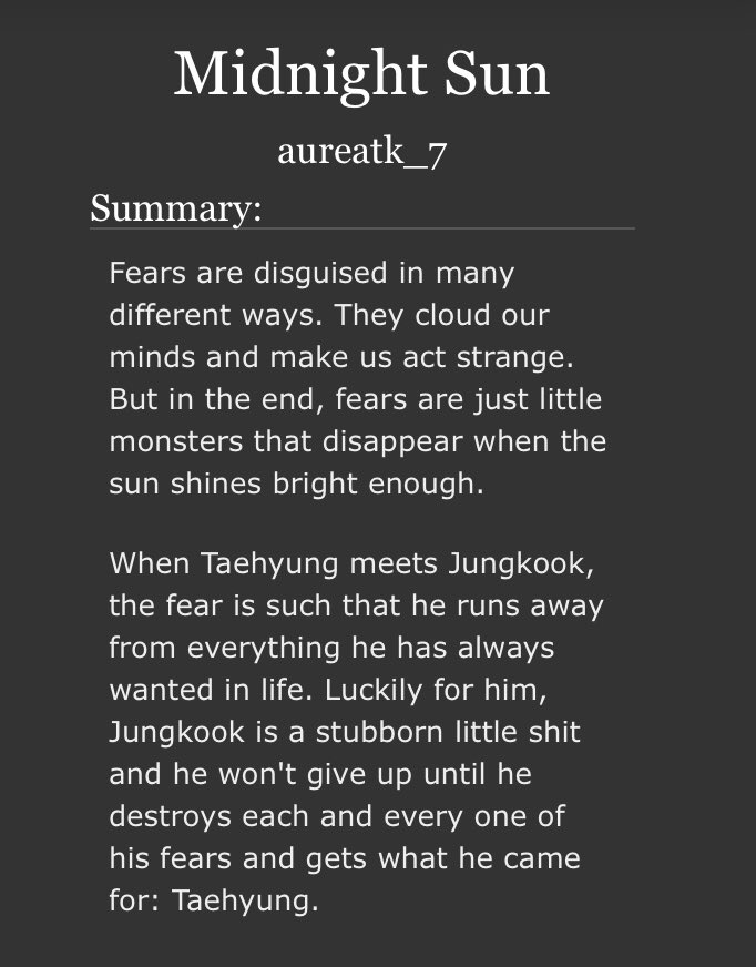 — Midnight Sun —

• complete | 15k | general 
• taekook
• age gap
• radio host Taehyung | fan Jungkook
• Jungkook is young and wise
• Taehyung is older &amp; bad at feelings 
• light angst | hurt-comfort 
• for <a href="/primeoflifebts/">Prime of Life Fest ・ CLOSED</a> 

ao3.org/works/34967797