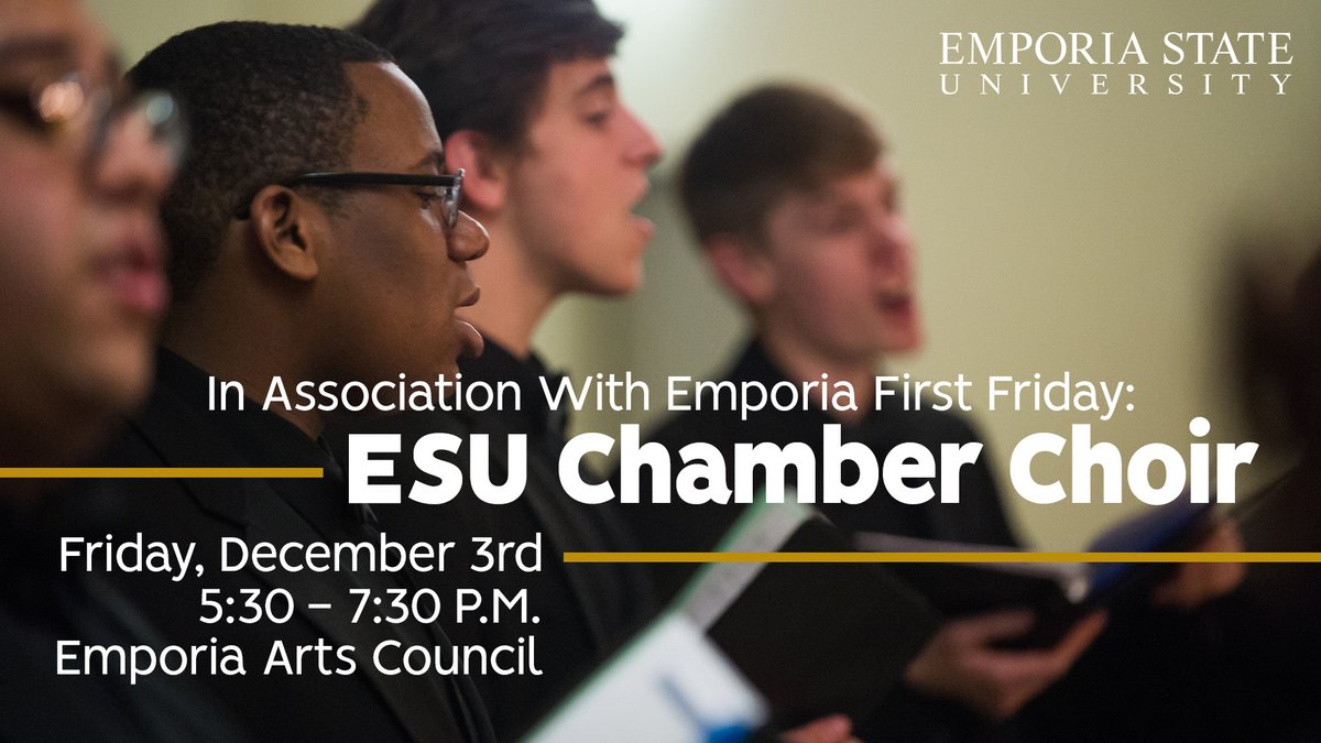 esumusicdept's tweet photo. Come visit the Emporia Arts Council this Friday. Our ESU Chamber Choir will be performing during First Friday from 5:30-7:30! https://t.co/SqGS9oLg1G