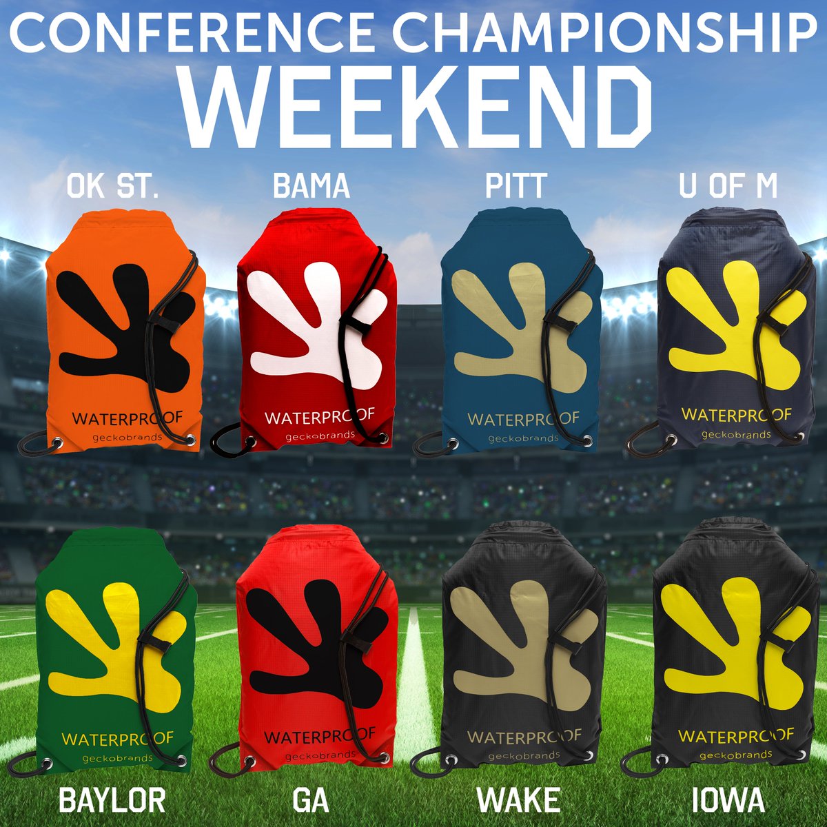 College Football Championship Weekend! Rep your team colors with our waterproof drawstring backpacks, available in 42 options. 

#collegefootball #football #cfb #sports #ncaa #ncaafootball #espn #college #americanfootball  #collegefootballplayoff #cfbplayoff #touchdown