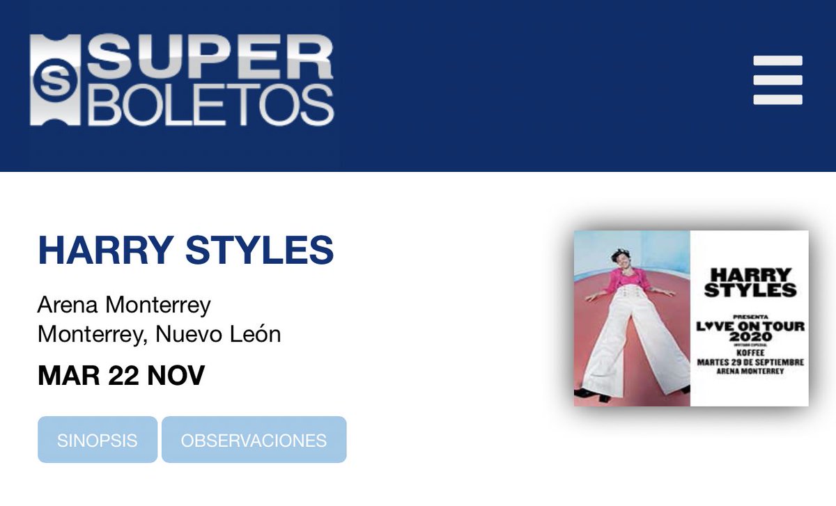 HarryNiallNews's tweet photo. According to SuperBoletos, Harry’s show in Monterrey, MX will happen on November 22 next year! 👀

via: https://t.co/hU5ejyRteY https://t.co/LLbIRwYKKH