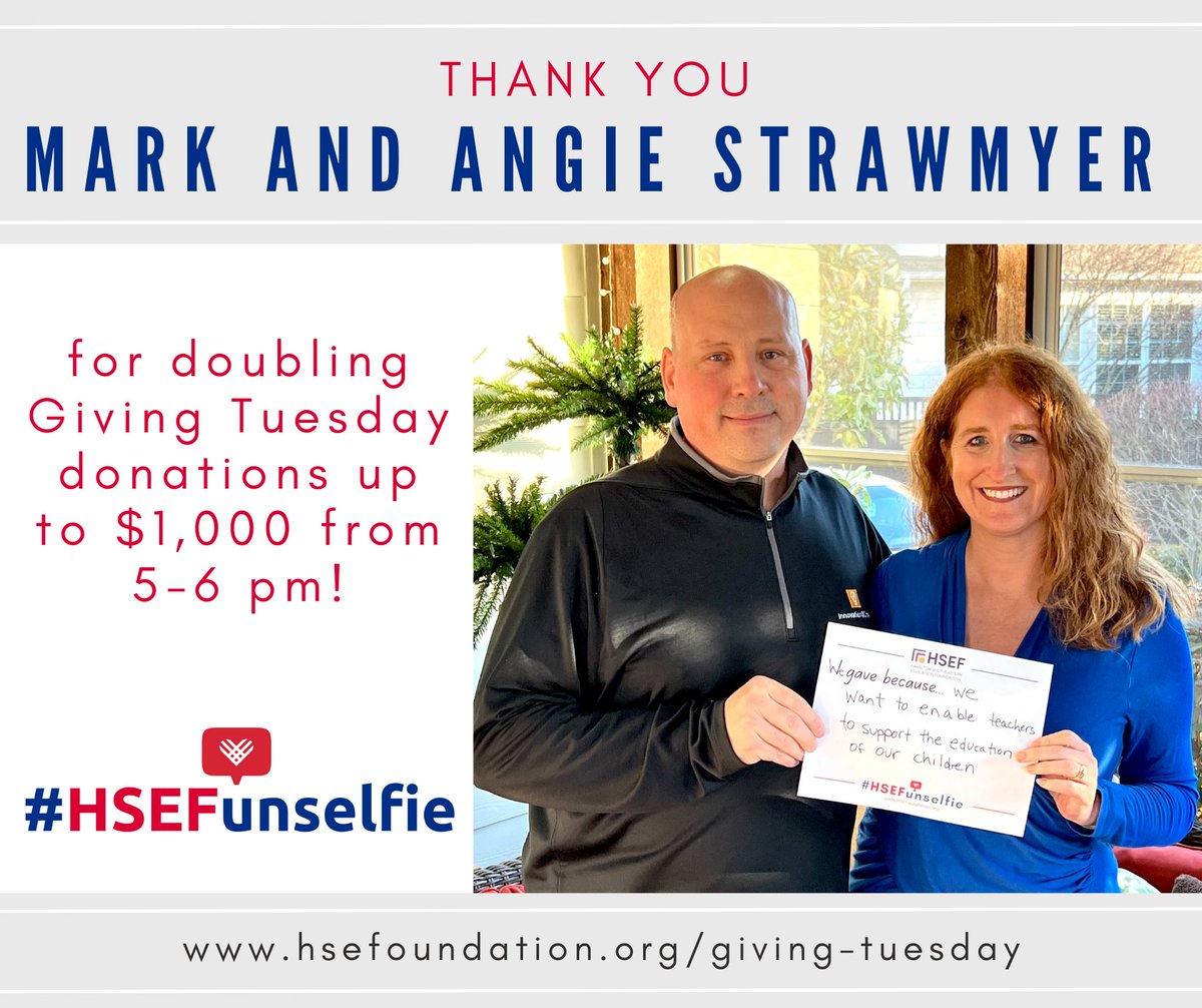 hsefoundation's tweet photo. Let's unite to celebrate our strong teachers, students, and staff! Join Mark and Angie Strawmyer as they match up to $1,000 in #HSEFunselfie donations made between 5-6 pm today!

Learn more and make a donation here: https://t.co/EtnSC4nnN2 https://t.co/x9VqSaDhwW