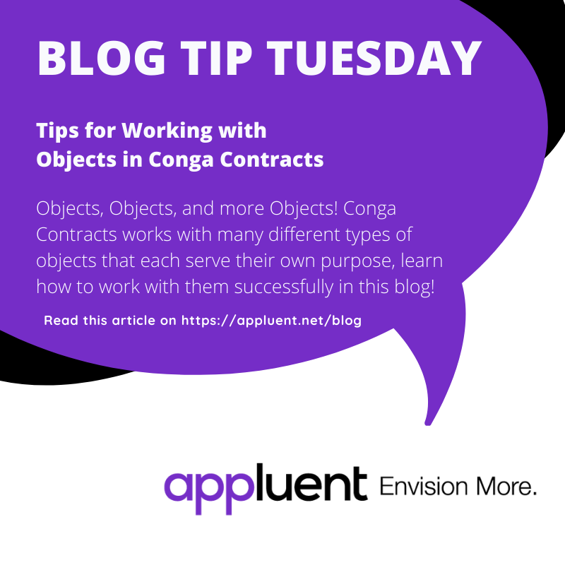 appluent's tweet photo. Ever been confused about working with the many Objects in Conga Contracts?? The Appluent team has put together this Tip sheet for all the basics to help sort things out. Give it a read! 
#BlogTipTuesday all about Objects in #CongaContracts!
https://t.co/0EV5iLrdrH https://t.co/hLo7Savs3y
