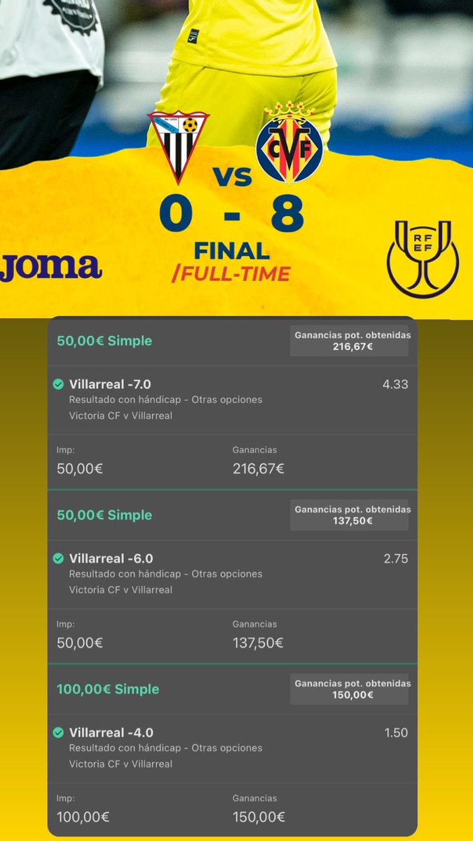 terceraapuestas's tweet image. ME ENCANTA LA COPA DEL REY 😍

Cierro un grandísimo mes de noviembre acertando en mi Instagram 3 apuestas con los handicaps -4, -6 y -7 del Villarreal.

¿Cuál fue el resultado? 0-8

Mañana volveré a dejar allí algo parecido!! Podéis seguirme gratis!

👇🏽👇🏽

Instagram.com/terceraapuestas