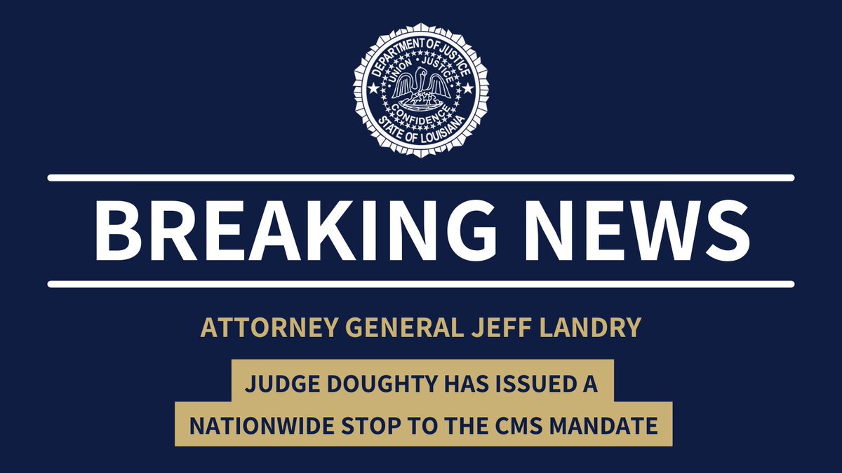 AGLizMurrill's tweet photo. 🚨BREAKING NEWS🚨

In a major win for our #HealthcareHeroes, a federal court has halted the Biden Administration's attempt to force COVID-19 vaccines on healthcare workers. #lagov #lalege 

View more at https://t.co/hz98Lk35dT https://t.co/RDVGSdC4OG