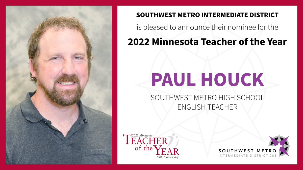 SWMetro's tweet photo. "Carpe Diem, Carpe Diem. Seize the day, boys. Make your lives extraordinary."
- Robin Williams as John Keating, Dead Poets Society

Congrats to SouthWest Metro High School's Paul Houck as our district's nominee for the 2022 MN Teacher of the Year Award! Good luck, Paul! https://t.co/uWff100mMI