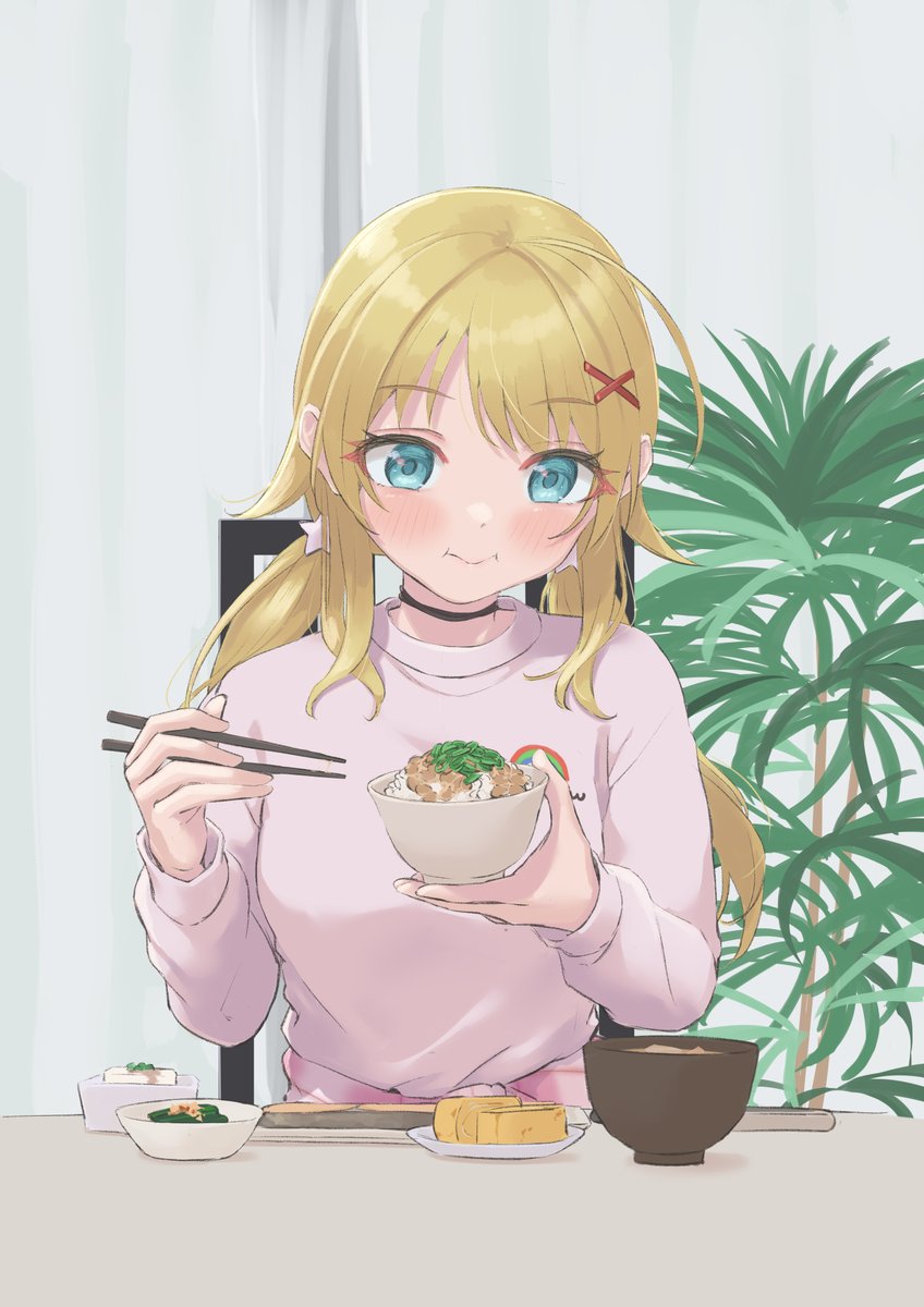 hachimiya meguru 1girl chopsticks blonde hair food solo bowl holding chopsticks  illustration images