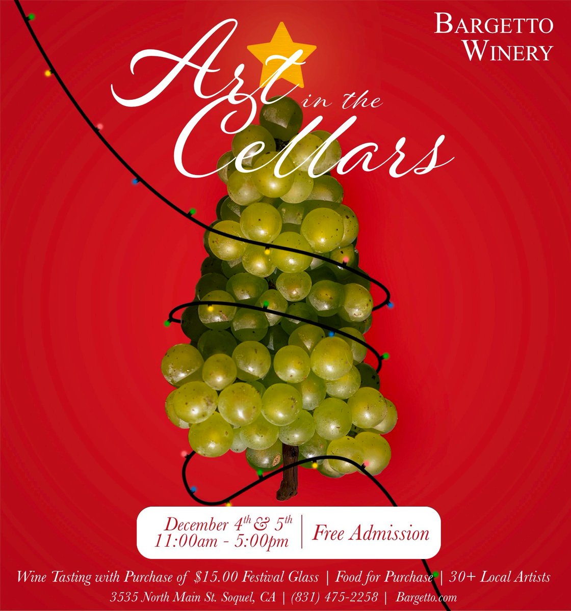 We are happy to announce the return of one of our most beloved holiday events, Art in the Cellars! Enjoy art, wine and holiday spirit in our historic cellars! Browse local artists' work while sipping award-winning BARGETTO and CHAUCER’S wines. 12/4 and 12/5 from 11-5:00pm.