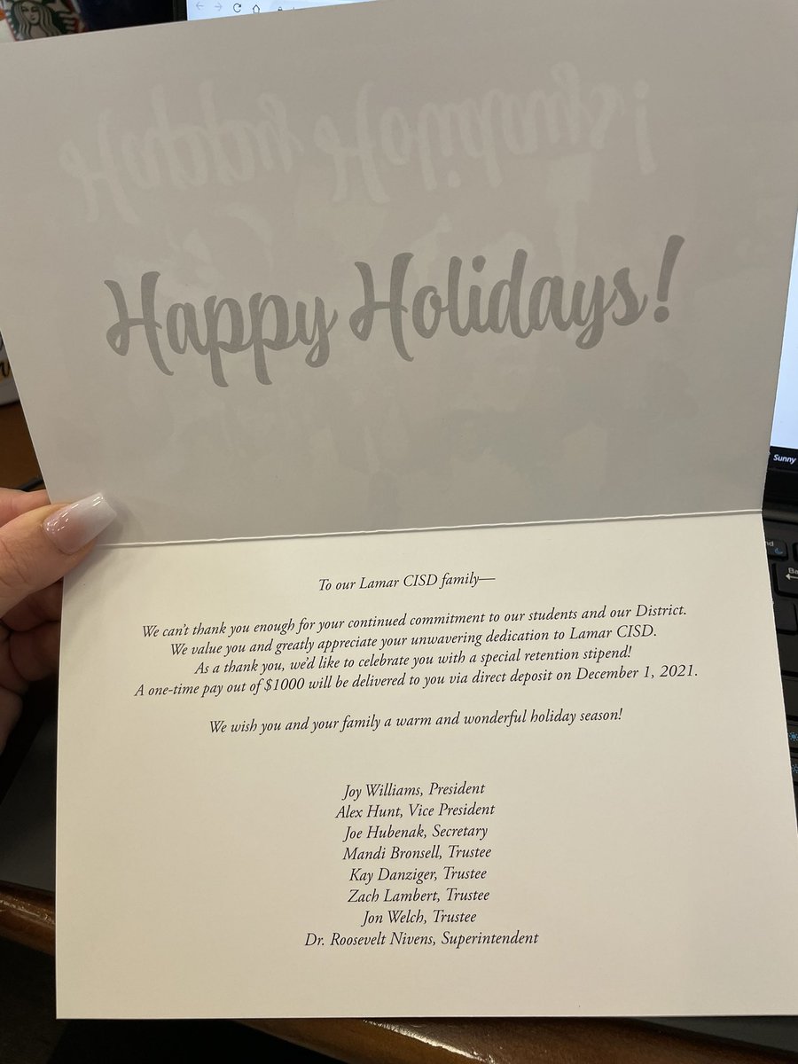 BEYOND grateful for a district that values its teachers!!! Thank you <a href="/LamarCISD/">Lamar CISD</a>, <a href="/Dr_RNivens/">Dr. Roosevelt Nivens</a>, and the Lamar CISD Board of Trustees!! Let vacation planning commence! <a href="/LeamanJH/">Leaman Junior High</a> <a href="/MichaelSemmler/">Michael Semmler</a> #grateful #lcisd #TEACHers