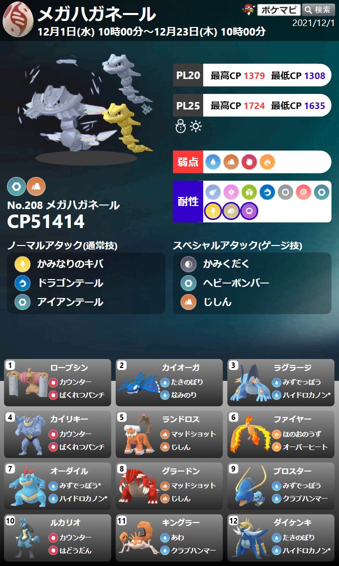 ポケモンgo攻略情報 ポケマピ メガハガネール がポケモンgoの世界に初登場 期間 21年12月1日 水 朝10時 12月23日 木 朝10時 はがねタイプ じめんタイプ のポケモンから 追加のアメ を獲得できるようになります T Co