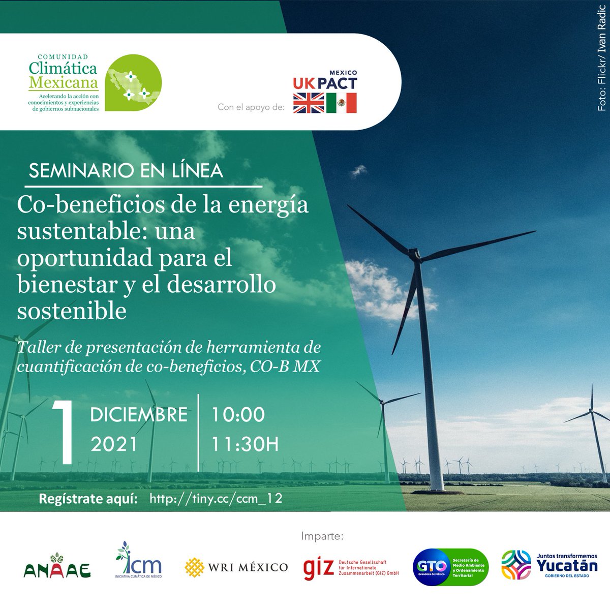 ¡Es mañana! Acompaña a #CMM en su doceavo seminario en línea. Hablaremos de co-beneficios de la energía sustentable para la acción climática. Contaremos con la presencia de @GIZMexico, y de los estados de Guanajuato y Yucatán.

1 de diciembre | Registro: tiny.cc/ccm_12