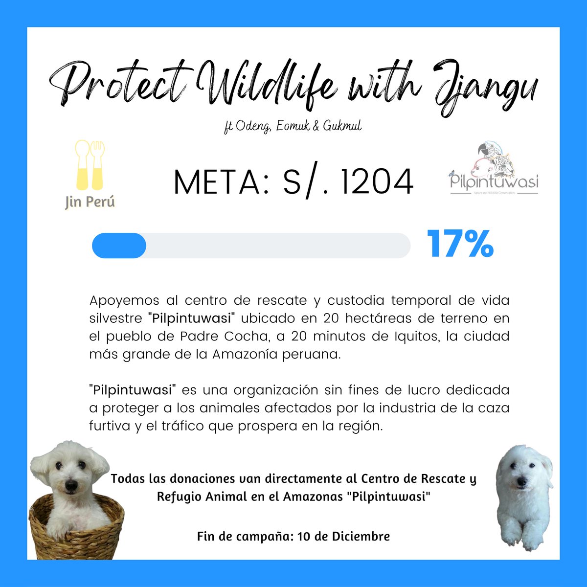 SeokjinPeru's tweet photo. ACTUALIZACIÓN — Protect Wildlife with Jjangu 🐶
Ayudemos al centro de rescate de vida silvestre en Iquitos solo nos quedan 10 días!🙏🏼
• Dona aquí: https://t.co/Dg59Nwam8H
@BTS_twt #JIN #Yours_Jin https://t.co/7JSThfrFqM