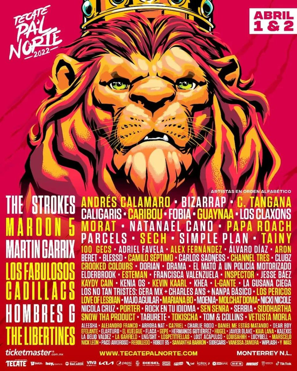 UMusicMexico's tweet photo. ¡El cartel del @TecatePalNorte 2022 ya está aquí y contará con la participación de @maroon5, @parcelsmusic, @calamarooficial, @Guaynaa_, @MoratBanda, @Tainy, @yoAlvaroDiaz, @estemanmusic, @Jessebaezlolwut. @PorterOficial, #SenSerra, @LngSHT, @Wiplash_oficial y muchos más! 🤠🍻 https://t.co/vXaUAYIcbB