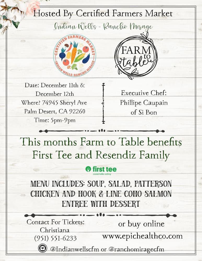 CVEPartnership's tweet photo. Visit https://t.co/l5yJOeSyjc for tickets to a farm-to-table dinner under the stars, benefitting @FirstTeeCV 
Tickets available ONLY for Saturday Dec 11! #golf #fundraiser #farmtotable #Dinner #palmdesert #indianwells #ranchomirage https://t.co/kVArk7mbWK