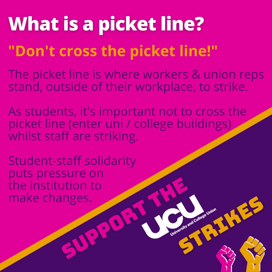 EllenFearon's tweet photo. UCU strikes are kicking off tomorrow! 

Here’s some info on what it means not to cross picket lines &amp; how we as students can support our staff 💥: https://t.co/lYYJkKEnjB