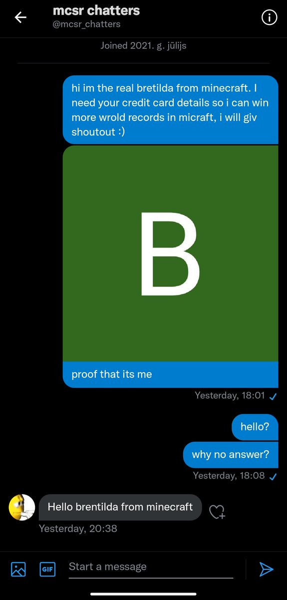 kravklis's tweet photo. @Maximus_68 @mcsr_chatters Didnt leave brentilda hanging, but didnt get the credit card information either SadPag https://t.co/8hXHueXXMN