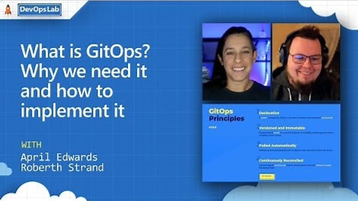 Image showing the DevOps Lab Show’s title slide with the show title on the left and a computer monitor live streaming the show hosts as they conduct the webinar virtually on the right.