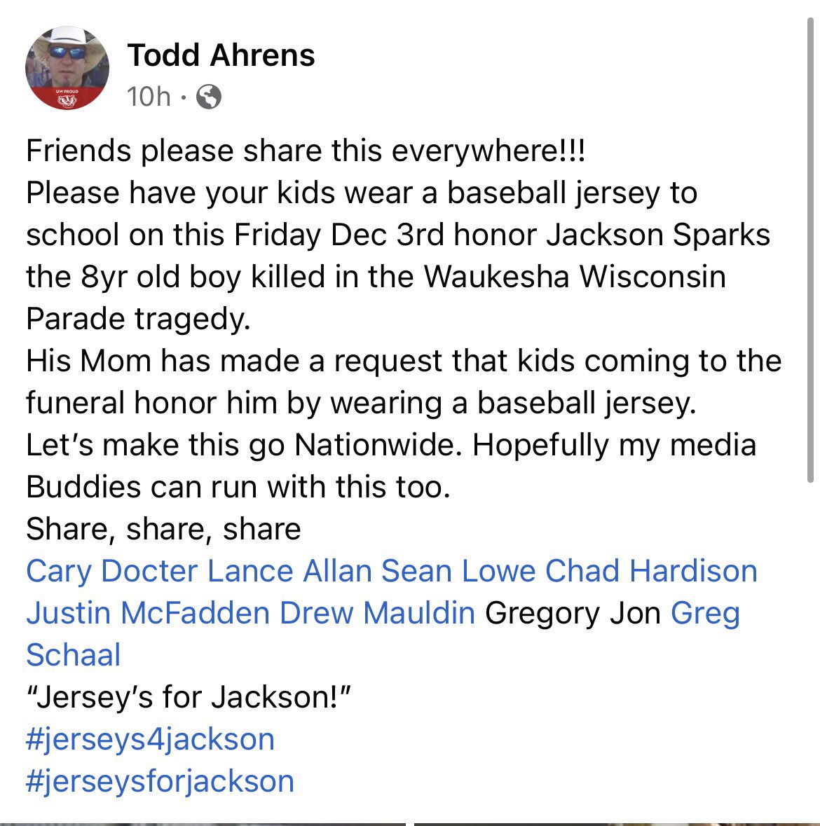 Muskego Baseball will be supporting #jerseys4jackson on Friday Dec 3rd. 

Praying for all the families of the victims in Waukesha 🙏

<a href="/1WarriorMHS/">1WARRIOR</a> @MHSIrvine <a href="/MuskegoNorwaySc/">Muskego-Norway Schools</a>