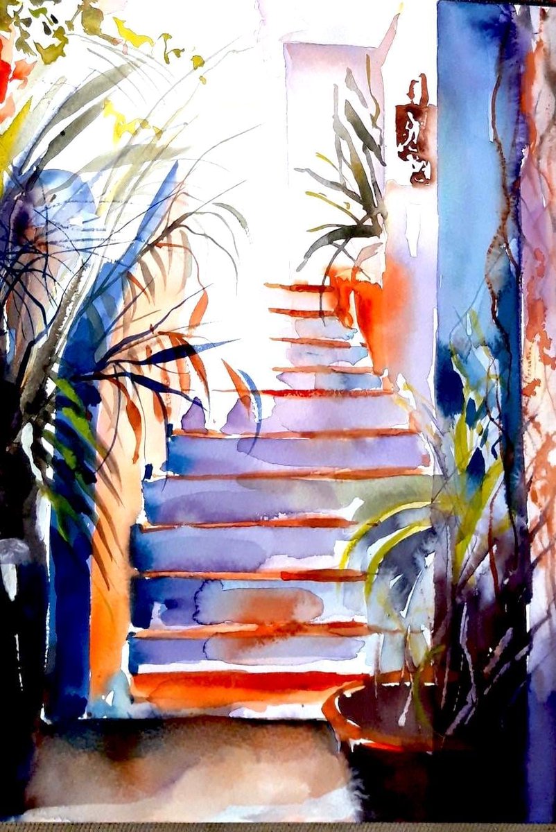WeightReed's tweet photo. Courtyard steps - Olhao Portugal.  watercolour https://t.co/wU1auo68HK