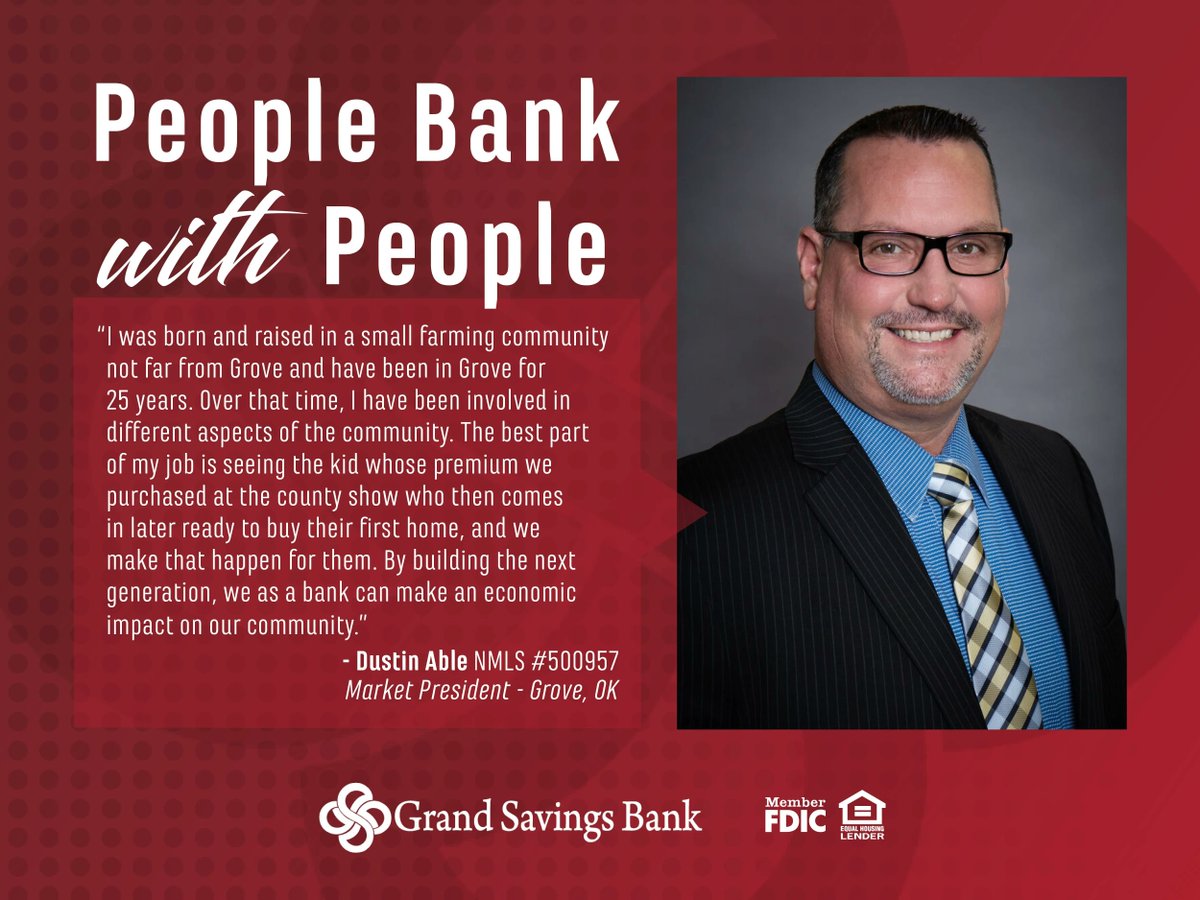 GrandSavBank's tweet photo. People Bank with People | Meet our team member
Dustin Able, Market President in our #GroveOK location. #LifeisGrand
https://t.co/2wEGcRBV8y https://t.co/OQpTyrS1qJ