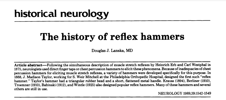 PennNeurology's tweet photo. History of Neurology: The reflex hammer. Philadelphia, PA c.1880
⏯️https://t.co/gs6bKmhRxm
#neurotrivia #medhistory #reflexhammer #Taylor #Krauss #QueenSquare #Babinski #Troemner #Berliner 

HT @MSE_MD @PennMedicine @PennMD @IngoHelbig @GreenJournal @NeurologyToday @neurology https://t.co/U6m8S9eIaJ