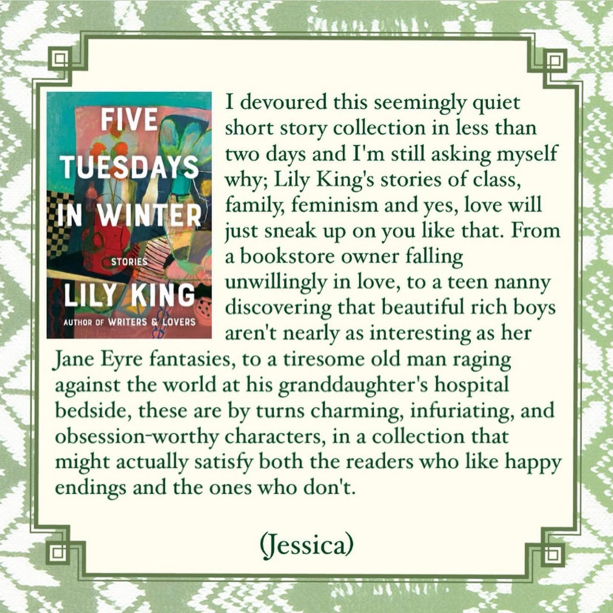 greenlightbklyn's tweet photo. @booknerdnyc recommends @lilykingbooks’s Five Tuesdays in Winter, full of “by turns charming, infuriating, and obsession-worthy characters.” https://t.co/nv7di4VumE