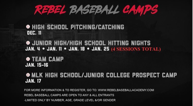 Rebel Baseball Academy has some great camps coming up. *1st ever Pitching &amp; Catching Camp‼️ More details can found on the link listed below. Also, any teams looking to get into our MLK weekend team camp please feel free to DM me to discuss.(2 more spots available) #BEaREBEL