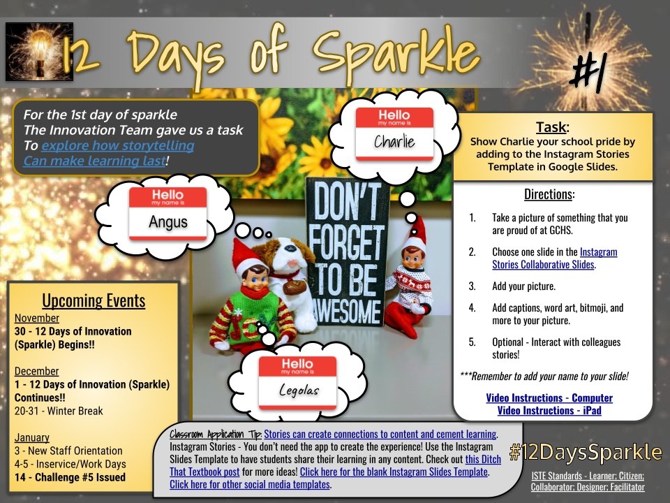 DrGinnyD's tweet photo. #12DaysSparkle - Day 1 #TheInnovationFactory #iteachgc https://t.co/hPhH4C0Cjw