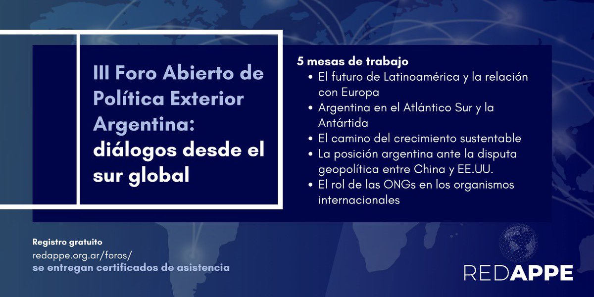 REDAPPE's tweet photo. ✅ Jueves 2 de diciembre • Cinco mesas de trabajo del III Foro Abierto de Politica Exterior Argentina ⤵️

¡Vení a compartir tus ideas con expertas/os en la temática! https://t.co/s4t1eSdAge
