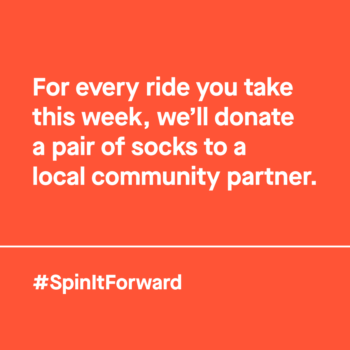 ridespin's tweet photo. Socks are one of the biggest needs for those experiencing homelessness. In celebration of #GivingTuesday, we’re donating a pair of socks to a partner organization for every ride taken through Dec 5—up to 25,000 pairs!
Help #SpinItForward and learn more: https://t.co/RMBavVyeRJ https://t.co/Df57MrNFv0