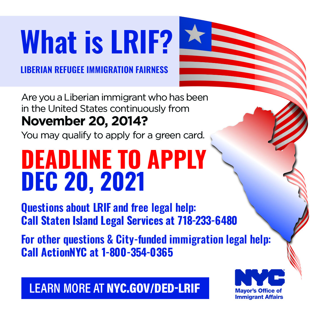NYCImmigrants's tweet photo. Liberian New Yorkers, it is not too late to apply for #LRIF but the deadline is running out!

Staten Island residents: Call 718-233-6480 for Staten Island Legal Services (SILS)
 
Outside Staten Island (Citywide): Call 917-661-4500
to connect with Legal Services NYC (LSNYC) https://t.co/gLds5L05oG
