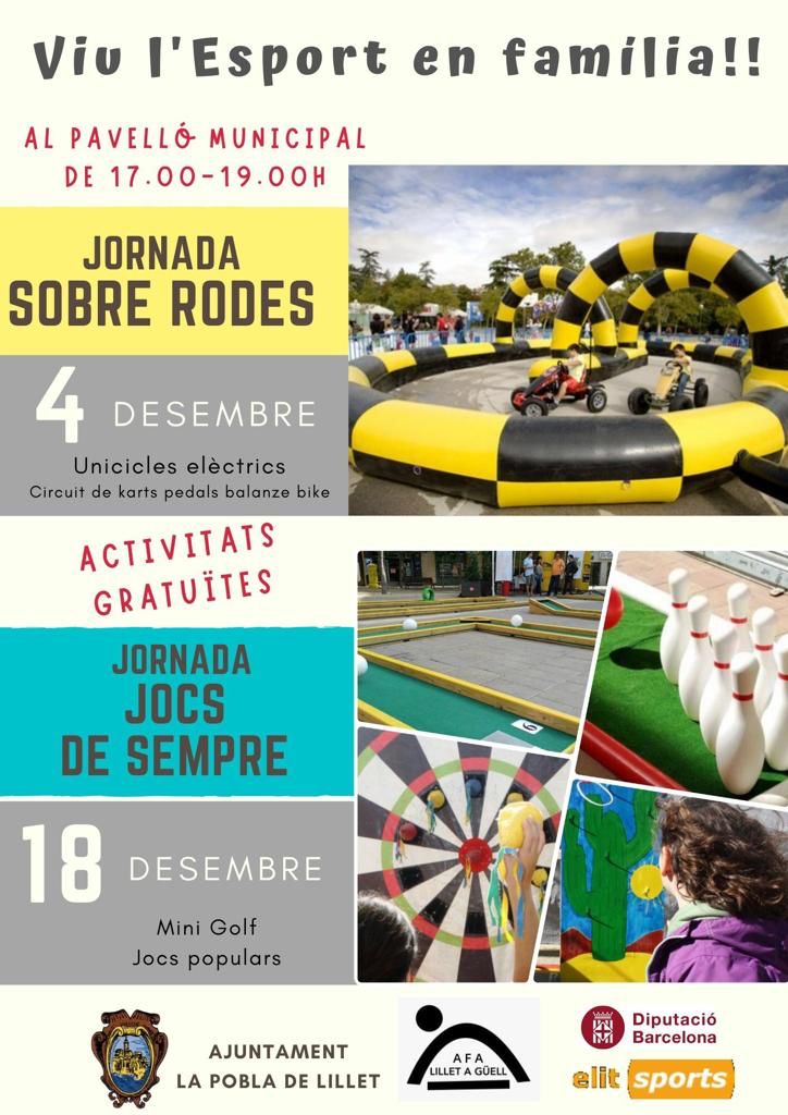AjPoblaLillet's tweet photo. Viu l'Esport en família
al Pavelló municipal
de 17 a 19h

JORNADA SOBRE RODES
4 de desembre de 2021
Unicicles elètrics 
Circuit de karts pedals balanza bike

Activitats gratuïtes

JORNADA JOCS DE SEMPRE
18 de desembre de 2021
Mini Golf
Jocs populars

#LaPobladeLillet #Berguedà https://t.co/XZtN78e0Qj