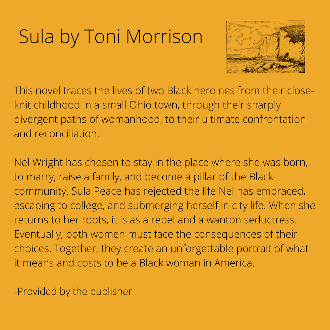 domlibrary's tweet photo. This is our last #BroadenYourBookshelf recommendation for the semester. This week we're recommending Sula by Toni Morrison. Thank you for reading with us! #RCL #EngageDU #DecolonizeYourBookshelf #ReadNewAuthors #Bookstagram #CurrentlyReading #Sula #ToniMorrison https://t.co/juzyXHr6PT