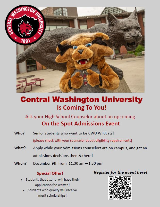 Discover the Wildcat Way! <a href="/CentralWashU/">CWU</a> on-the-spot Admissions event at HHS on Thurs. Dec. 9th from 11am-1pm! #Wildcats #CollegeStudent #findyournext #college #CWUproud