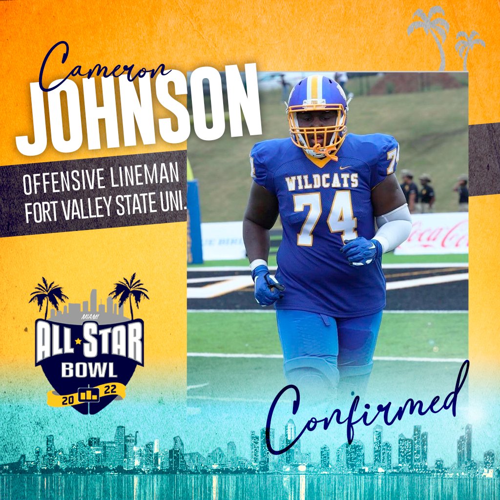 PodyumBowl's tweet photo. 🚨 𝗖𝗢𝗡𝗙𝗜𝗥𝗠𝗘𝗗 🚨

Offensive Lineman Cameron Johnson from Fort Valley State University has accepted his opportunity to compete at the 2022 Podyum All-Star Bowl!! See you in Miami!

https://t.co/ghq2cxaHhW

#EarnYourLevel  #CollegeAllStar #Miami  #ProFootball #NFL #CFL https://t.co/qez8kq7YLQ