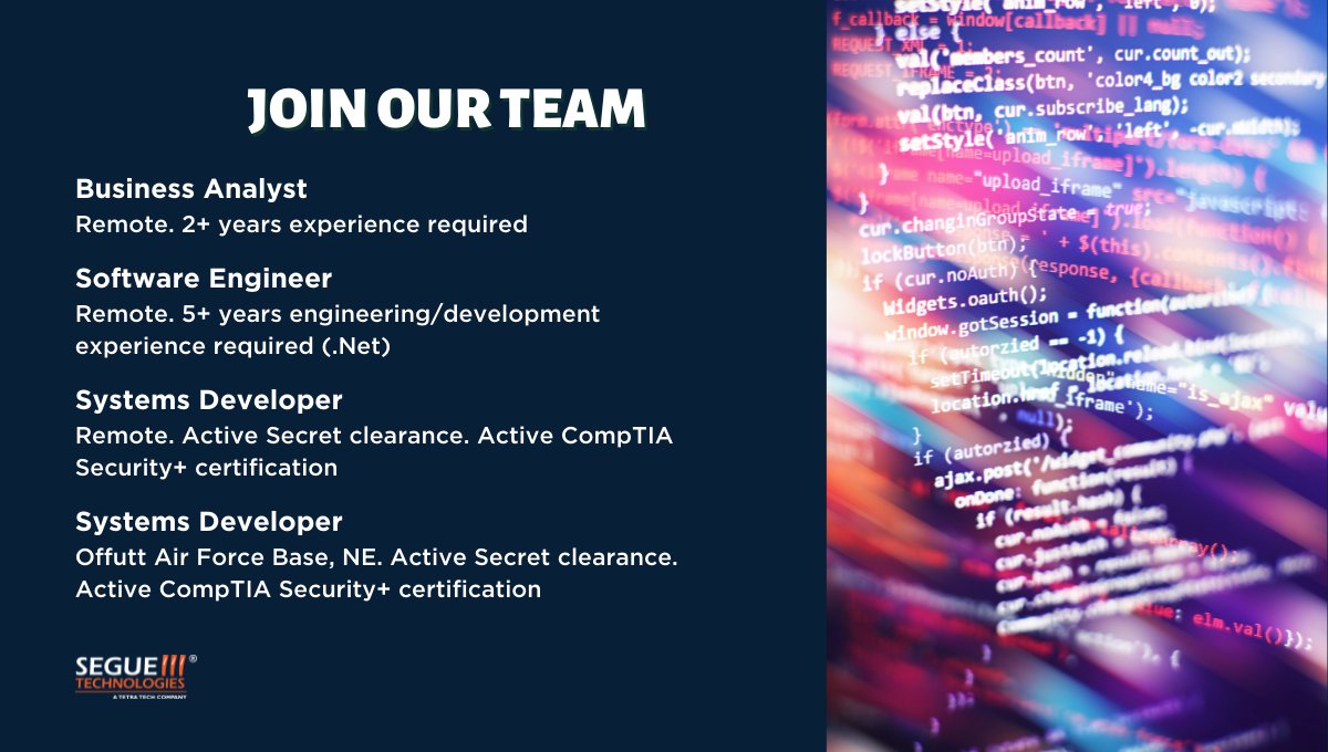 seguetech's tweet photo. Open positions at Segue. Join our team!
Visit our career page https://t.co/3dwjlGXyrO
#SegueTechnologies #TetraTech #BusinessAnalyst #requirements #SoftwareEngineer #SoftwareDevelopment #SoftwareDeveloper #developer #SystemsDeveloper #remedy #remote #NewJob #WorkFromHome https://t.co/U8nVcLzqdt