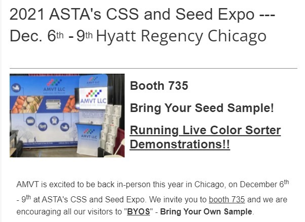 amvt_llc's tweet photo. See you there at the #ASTACSS Seed Expo!
Bring a sample for a FREE live demo at the show.
#AgTwitter #tradeshows https://t.co/SaJ1GVuS30