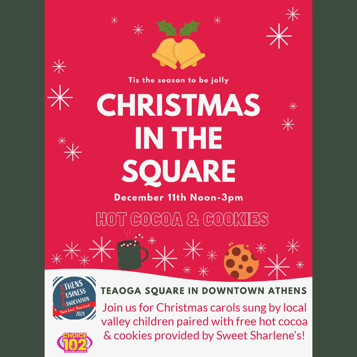 AthensBusiness's tweet photo. We are happy to present "Christmas in the Square" on December 11th at Teaoga Square! From noon to 3 PM, join us for Christmas carols sung by local valley children and free hot cocoa and cookies provided by Sweet Sharlene's! Come join us for some great holiday fun! #ABA https://t.co/Tn7NdaQmq5