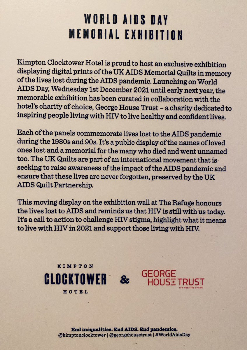 Thank you @TheRefugeMcr @Kimpton #kimptonclocktowerhotel for hosting & showcasing an exclusive exhibition displaying digital prints of the #UKAIDS memorial quilts in memory of the lives lost during the #HIV pandemic prior to #WorldAIDSDay @GeorgeHouseTrst @GMLO_UK @MayorofGM