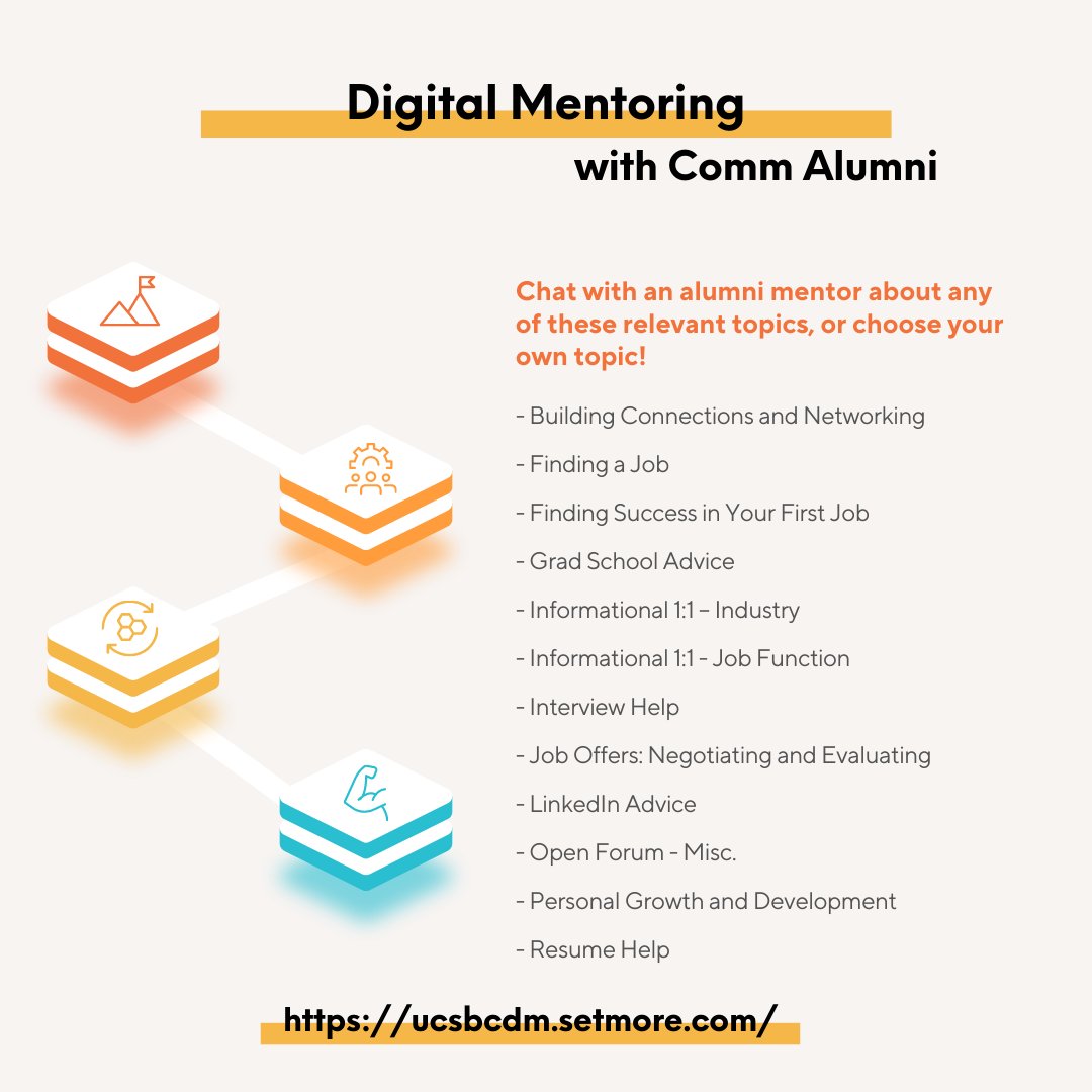 CommUcsb's tweet photo. Did you know that the Dept. of Communication Alumni Council has a Digital Mentoring Program? It's super easy to choose a topic & 30 min slot to get advice and inspiration from one of our many talented & knowledgeable alumni mentors. #UCSBComm #UCSBAlumni https://t.co/AZIOAgB2JY